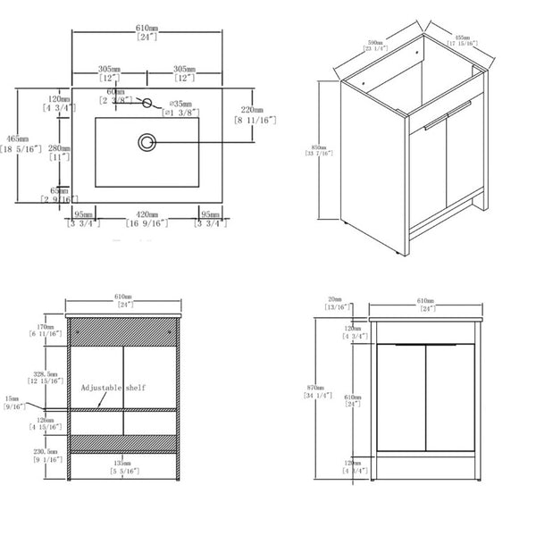 English Elm 24 Inch Freestanding Bathroom Vanity with Soft Close Drawer Ceramic Sink Plywood Cabinet Brown B2775S00053