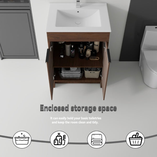 English Elm 24 Inch Freestanding Bathroom Vanity with Soft Close Drawer Ceramic Sink Plywood Cabinet Brown B2775S00053