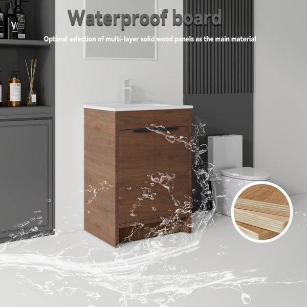 English Elm 24 Inch Freestanding Bathroom Vanity with Soft Close Drawer Ceramic Sink Plywood Cabinet Brown B2775S00053