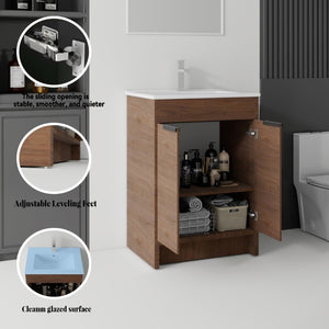 English Elm 24 Inch Freestanding Bathroom Vanity with Soft Close Drawer Ceramic Sink Plywood Cabinet Brown B2775S00053
