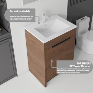 English Elm 24 Inch Freestanding Bathroom Vanity with Soft Close Drawer Ceramic Sink Plywood Cabinet Brown B2775S00053