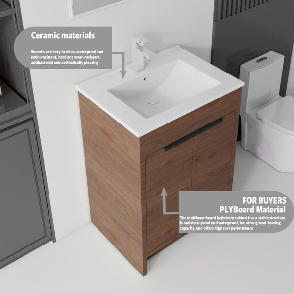 English Elm 24 Inch Freestanding Bathroom Vanity with Soft Close Drawer Ceramic Sink Plywood Cabinet Brown B2775S00053