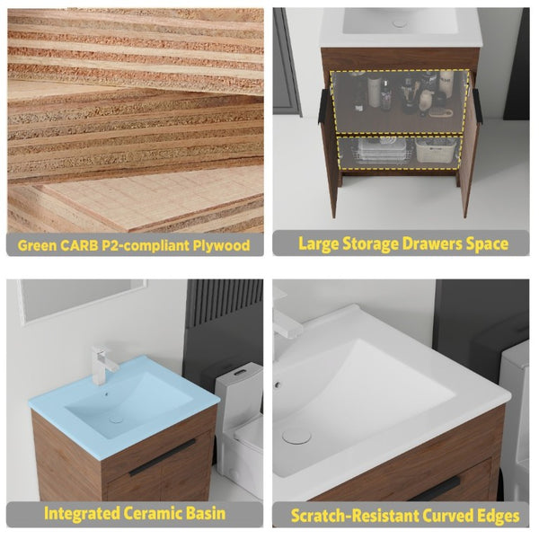 English Elm 24 Inch Freestanding Bathroom Vanity with Soft Close Drawer Ceramic Sink Plywood Cabinet Brown B2775S00053