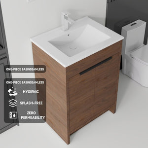 English Elm 24 Inch Freestanding Bathroom Vanity with Soft Close Drawer Ceramic Sink Plywood Cabinet Brown B2775S00053