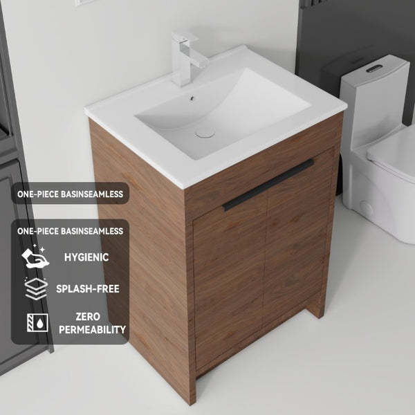 English Elm 24 Inch Freestanding Bathroom Vanity with Soft Close Drawer Ceramic Sink Plywood Cabinet Brown B2775S00053