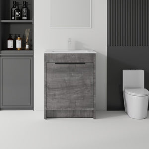 English Elm 30 Inch Freestanding Bathroom Vanity Plywood Cabinet Soft Close Ceramic Sink Included Grey B2775S00054