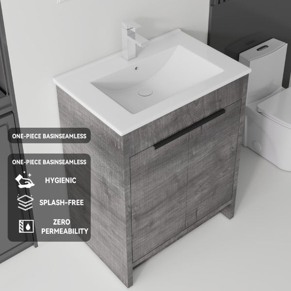 English Elm 30 Inch Freestanding Bathroom Vanity Plywood Cabinet Soft Close Ceramic Sink Included Grey B2775S00054