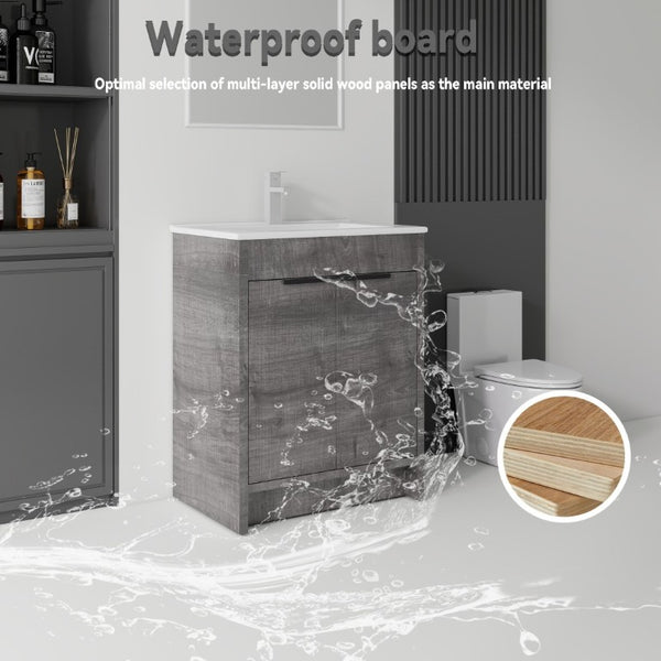 English Elm 30 Inch Freestanding Bathroom Vanity Plywood Cabinet Soft Close Ceramic Sink Included Grey B2775S00054