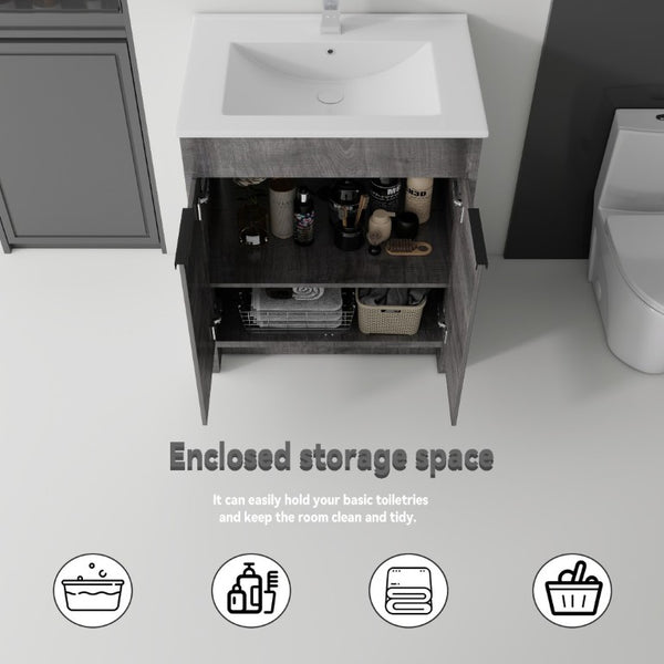 English Elm 30 Inch Freestanding Bathroom Vanity Plywood Cabinet Soft Close Ceramic Sink Included Grey B2775S00054