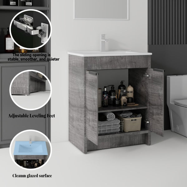English Elm 30 Inch Freestanding Bathroom Vanity Plywood Cabinet Soft Close Ceramic Sink Included Grey B2775S00054