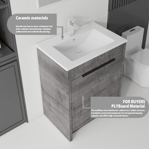 English Elm 30 Inch Freestanding Bathroom Vanity Plywood Cabinet Soft Close Ceramic Sink Included Grey B2775S00054