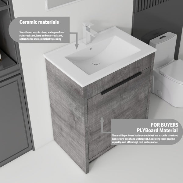 English Elm 30 Inch Freestanding Bathroom Vanity Plywood Cabinet Soft Close Ceramic Sink Included Grey B2775S00054