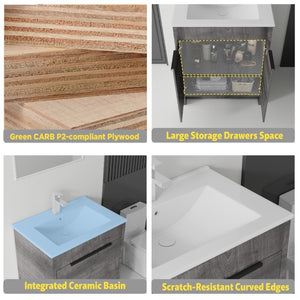 English Elm 30 Inch Freestanding Bathroom Vanity Plywood Cabinet Soft Close Ceramic Sink Included Grey B2775S00054