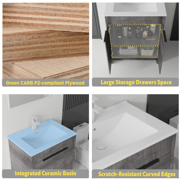 English Elm 30 Inch Freestanding Bathroom Vanity Plywood Cabinet Soft Close Ceramic Sink Included Grey B2775S00054