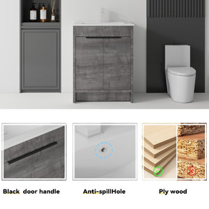 English Elm 30 Inch Freestanding Bathroom Vanity Plywood Cabinet Soft Close Ceramic Sink Included Grey B2775S00054