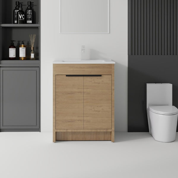 English Elm 30 Inch Freestanding Bathroom Vanity Plywood Cabinet Soft Close Ceramic Sink Included Oak B2775S00055