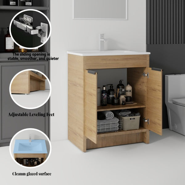 English Elm 30 Inch Freestanding Bathroom Vanity Plywood Cabinet Soft Close Ceramic Sink Included Oak B2775S00055