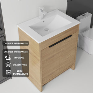 English Elm 30 Inch Freestanding Bathroom Vanity Plywood Cabinet Soft Close Ceramic Sink Included Oak B2775S00055