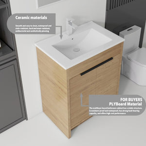 English Elm 30 Inch Freestanding Bathroom Vanity Plywood Cabinet Soft Close Ceramic Sink Included Oak B2775S00055