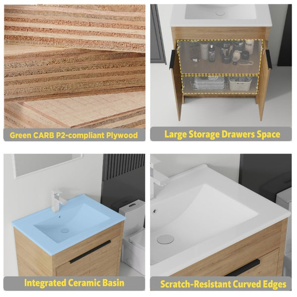English Elm 30 Inch Freestanding Bathroom Vanity Plywood Cabinet Soft Close Ceramic Sink Included Oak B2775S00055