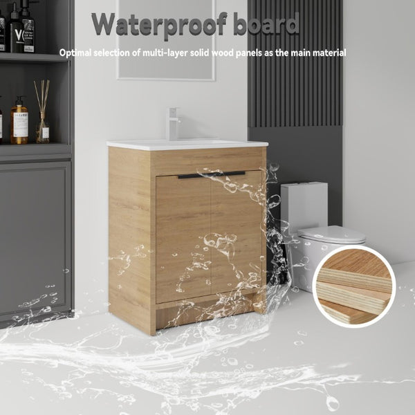 English Elm 30 Inch Freestanding Bathroom Vanity Plywood Cabinet Soft Close Ceramic Sink Included Oak B2775S00055