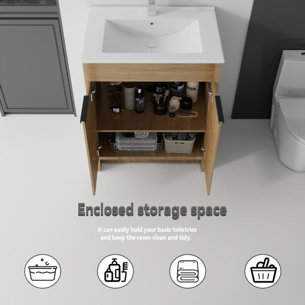 English Elm 30 Inch Freestanding Bathroom Vanity Plywood Cabinet Soft Close Ceramic Sink Included Oak B2775S00055