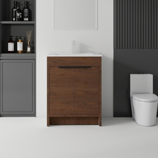 English Elm 30 Inch Freestanding Bathroom Vanity Plywood Cabinet Soft Close Ceramic Sink Included Brown B2775S00056