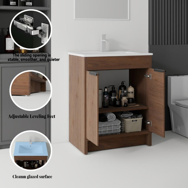 English Elm 30 Inch Freestanding Bathroom Vanity Plywood Cabinet Soft Close Ceramic Sink Included Brown B2775S00056