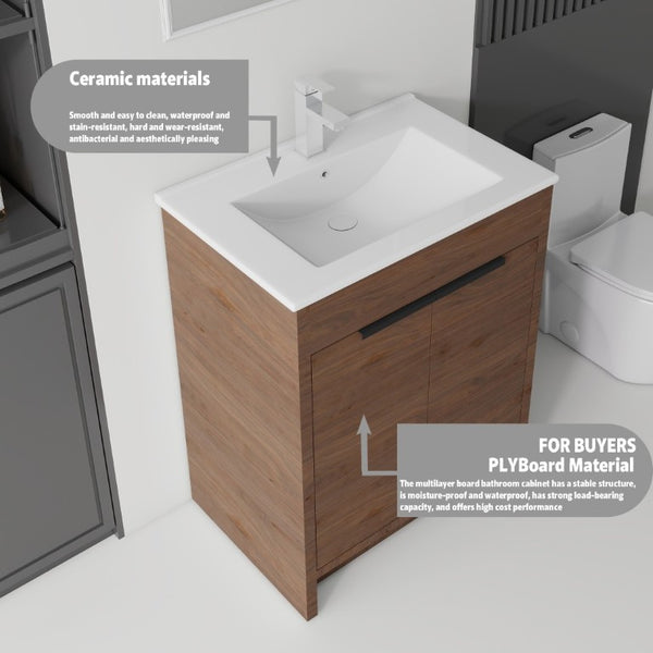 English Elm 30 Inch Freestanding Bathroom Vanity Plywood Cabinet Soft Close Ceramic Sink Included Brown B2775S00056