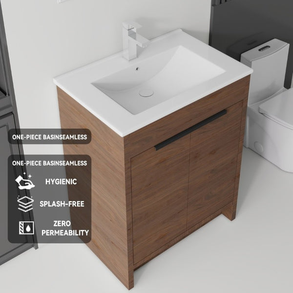 English Elm 30 Inch Freestanding Bathroom Vanity Plywood Cabinet Soft Close Ceramic Sink Included Brown B2775S00056