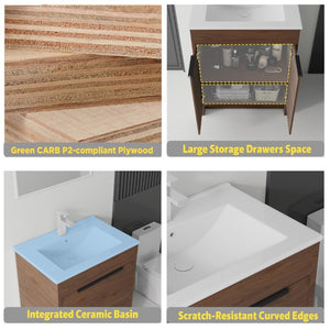 English Elm 30 Inch Freestanding Bathroom Vanity Plywood Cabinet Soft Close Ceramic Sink Included Brown B2775S00056