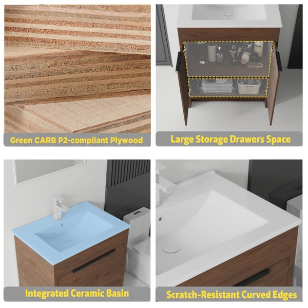 English Elm 30 Inch Freestanding Bathroom Vanity Plywood Cabinet Soft Close Ceramic Sink Included Brown B2775S00056