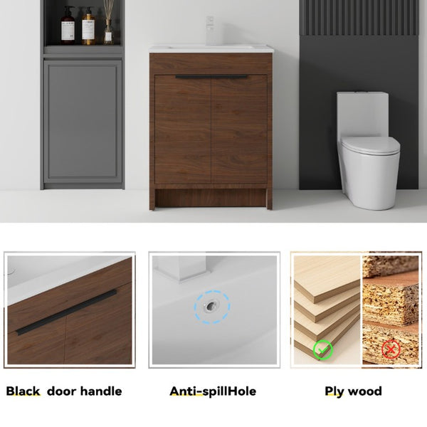 English Elm 30 Inch Freestanding Bathroom Vanity Plywood Cabinet Soft Close Ceramic Sink Included Brown B2775S00056