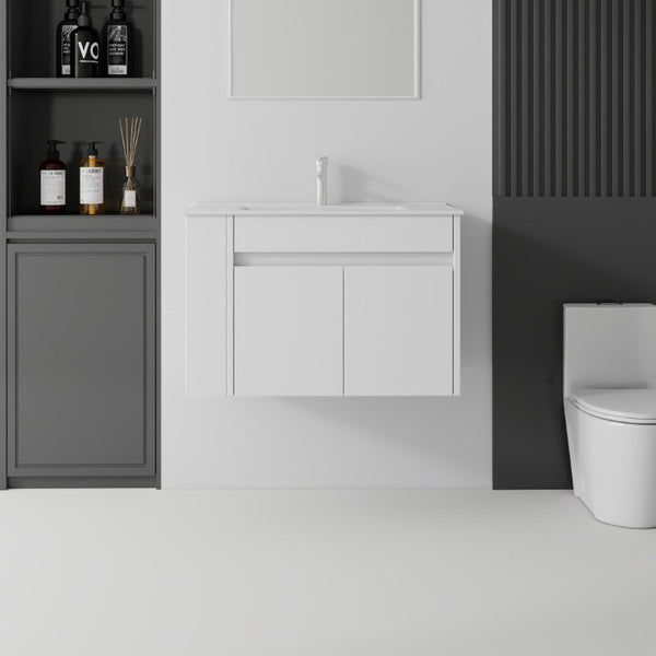English Elm 30 Inch Wall Mounted Floating Vanity Plywood Cabinet with Ceramic Integrated Sink Basin White B2775S00060