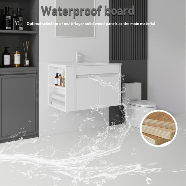 English Elm 30 Inch Wall Mounted Floating Vanity Plywood Cabinet with Ceramic Integrated Sink Basin White B2775S00060
