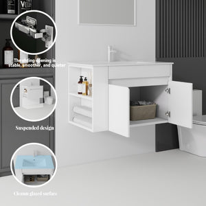 English Elm 30 Inch Wall Mounted Floating Vanity Plywood Cabinet with Ceramic Integrated Sink Basin White B2775S00060