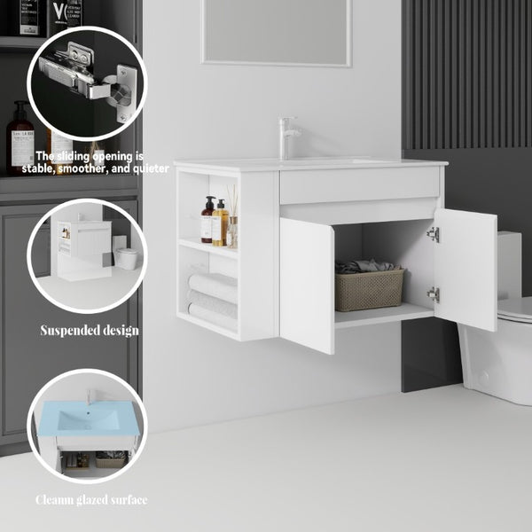 English Elm 30 Inch Wall Mounted Floating Vanity Plywood Cabinet with Ceramic Integrated Sink Basin White B2775S00060