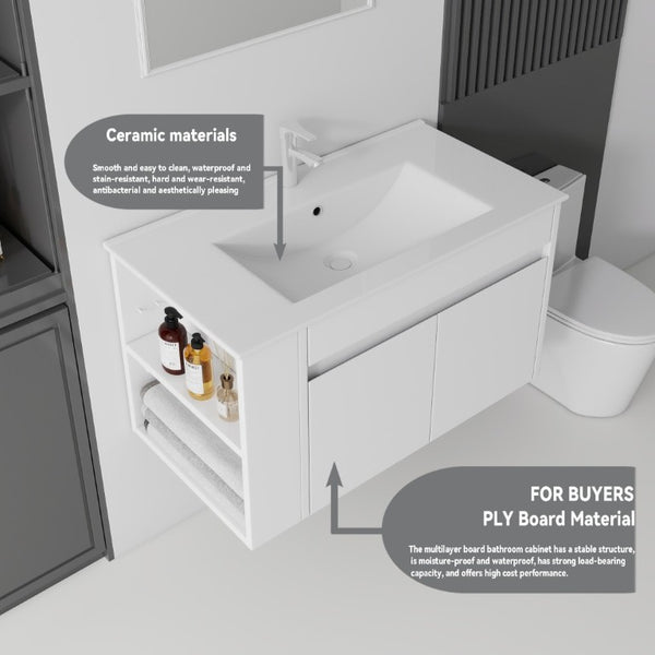 English Elm 30 Inch Wall Mounted Floating Vanity Plywood Cabinet with Ceramic Integrated Sink Basin White B2775S00060