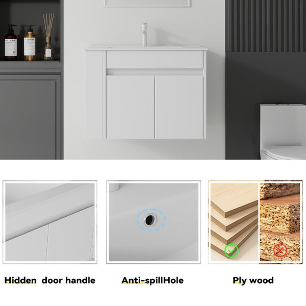 English Elm 30 Inch Wall Mounted Floating Vanity Plywood Cabinet with Ceramic Integrated Sink Basin White B2775S00060