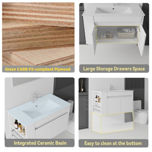 English Elm 30 Inch Wall Mounted Floating Vanity Plywood Cabinet with Ceramic Integrated Sink Basin White B2775S00060