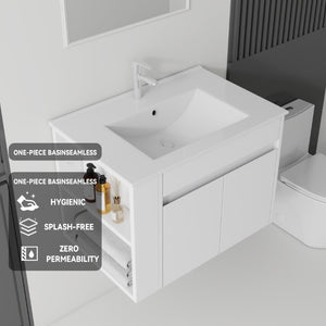 English Elm 30 Inch Wall Mounted Floating Vanity Plywood Cabinet with Ceramic Integrated Sink Basin White B2775S00060