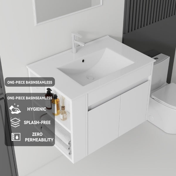 English Elm 30 Inch Wall Mounted Floating Vanity Plywood Cabinet with Ceramic Integrated Sink Basin White B2775S00060