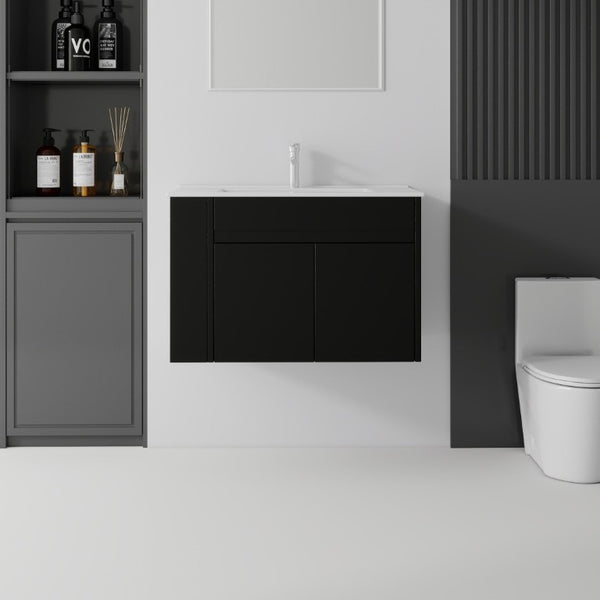 English Elm 30 Inch Wall Mounted Floating Vanity Plywood Cabinet with Ceramic Integrated Sink Basin Black B2775S00061