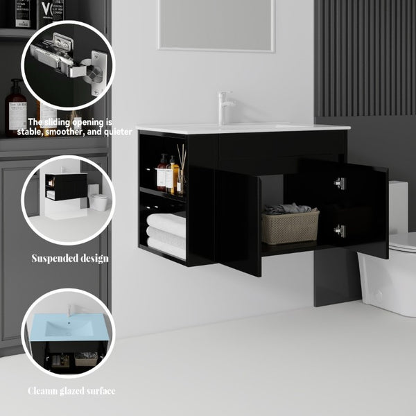 English Elm 30 Inch Wall Mounted Floating Vanity Plywood Cabinet with Ceramic Integrated Sink Basin Black B2775S00061