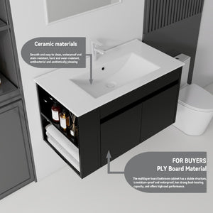 English Elm 30 Inch Wall Mounted Floating Vanity Plywood Cabinet with Ceramic Integrated Sink Basin Black B2775S00061