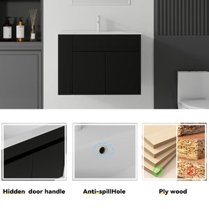 English Elm 30 Inch Wall Mounted Floating Vanity Plywood Cabinet with Ceramic Integrated Sink Basin Black B2775S00061