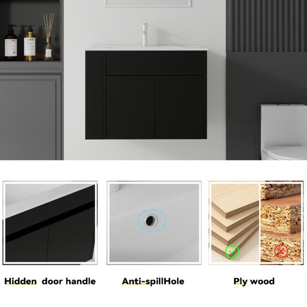 English Elm 30 Inch Wall Mounted Floating Vanity Plywood Cabinet with Ceramic Integrated Sink Basin Black B2775S00061