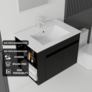 English Elm 30 Inch Wall Mounted Floating Vanity Plywood Cabinet with Ceramic Integrated Sink Basin Black B2775S00061