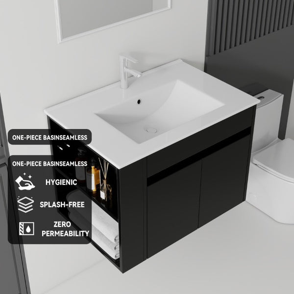 English Elm 30 Inch Wall Mounted Floating Vanity Plywood Cabinet with Ceramic Integrated Sink Basin Black B2775S00061