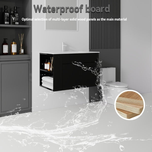 English Elm 30 Inch Wall Mounted Floating Vanity Plywood Cabinet with Ceramic Integrated Sink Basin Black B2775S00061